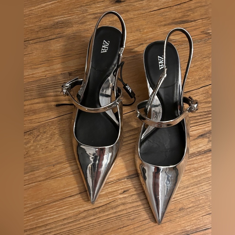 Zara Silver Pointed-Toe Slingback Heels - Picture 2 of 5